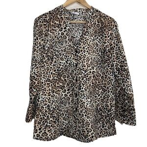 Harvé Benard leopard print linen & cotton 3/4 sleeve button up tunic blouse